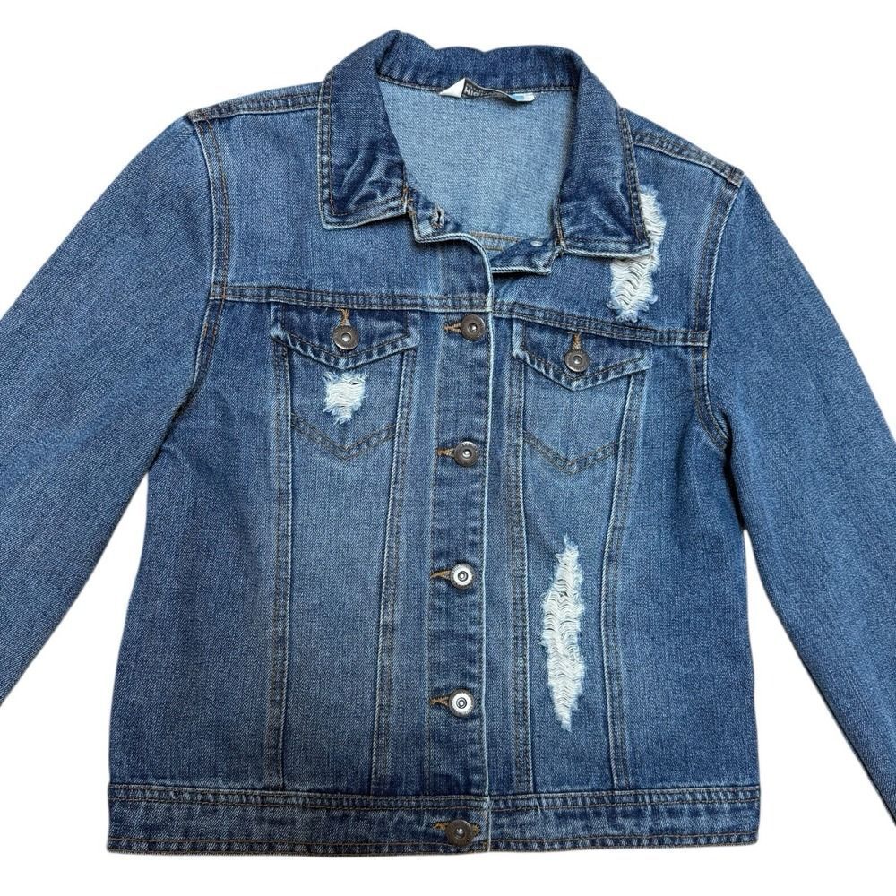 Highway Jeans Womens Size M Blue Denim Distressed Button Up Trucker Jacket Coat
